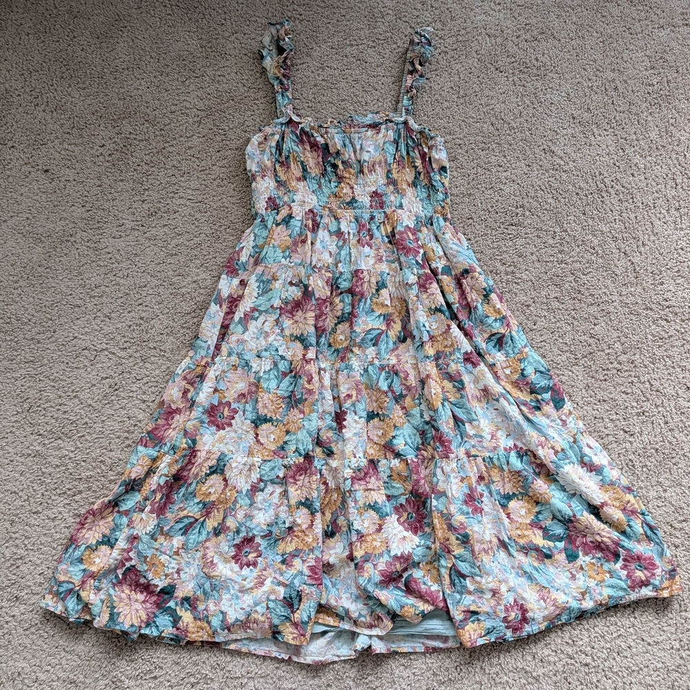 Lulus Blue Pink White Floral Ruffled Smocked Bodice Midi Sundress Size XL - Picture 4 of 9
